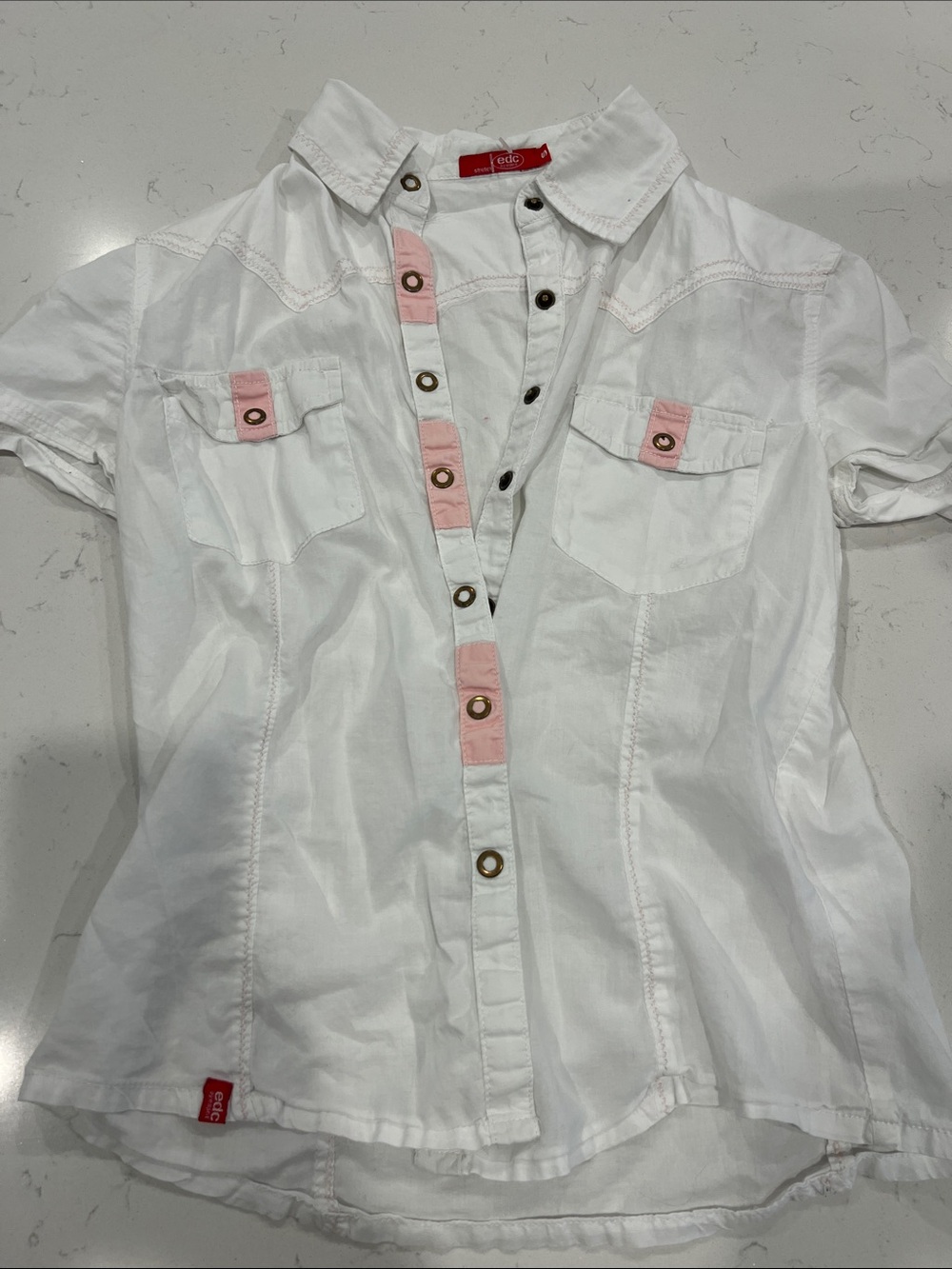 Esprit White Short-Sleeve Button Shirt with Pink Trim